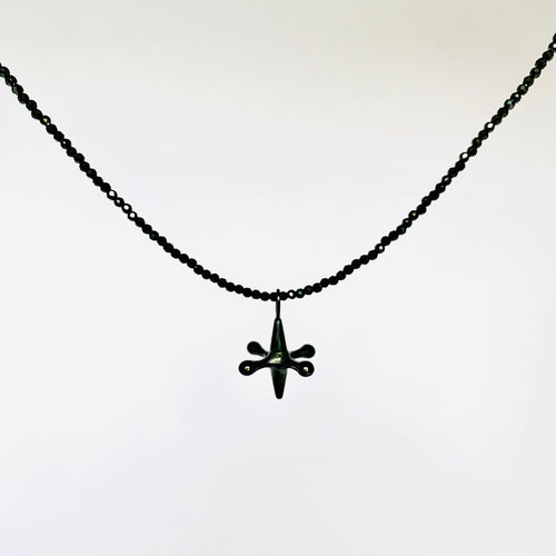 black spinel beads and oxidised silver jack pendant necklace