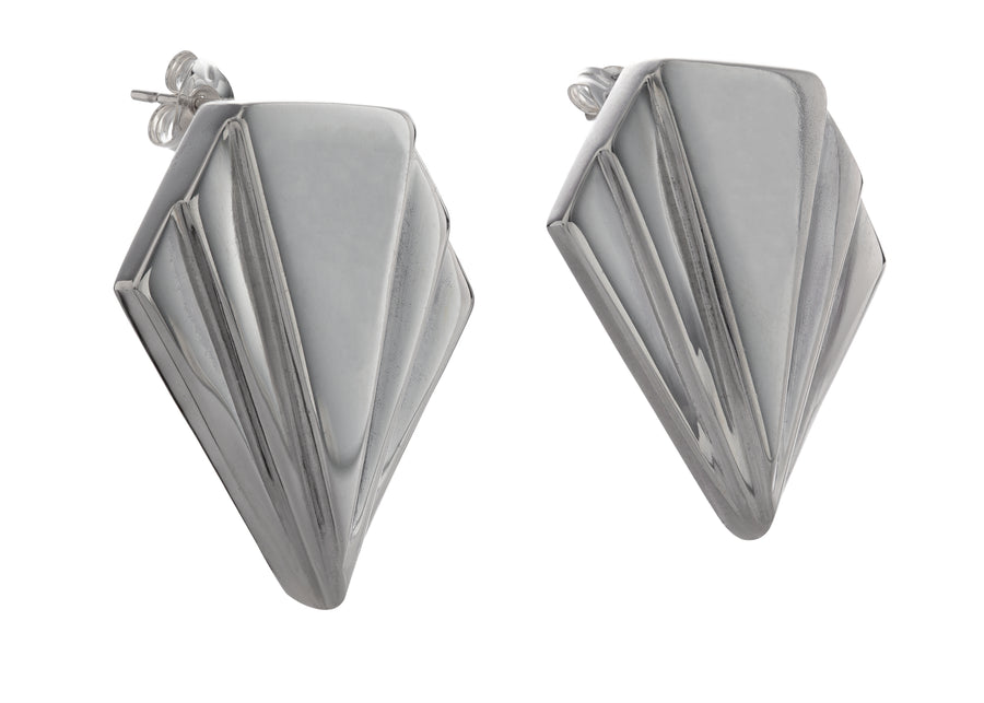 Pair of silver art deco earrings, with a modern twist merging gently at the base..