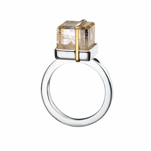 Cube  gold rutile quartz set in silver with 18ctgold strap 