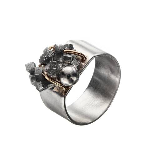 silver cluster ring set in 9ct yellow gold on brushed silver band