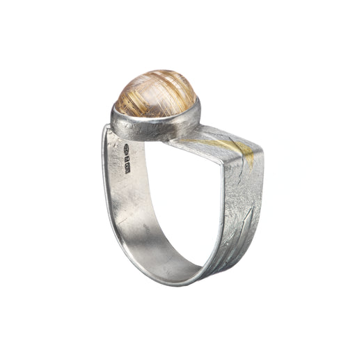 Gold rutilated quartz set in silver D shaped band with 22ct gold fused
