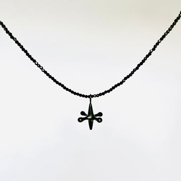 black spinel beads and oxidised silver jack pendant necklace