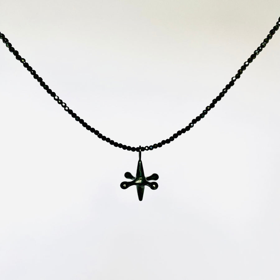 black spinel beads and oxidised silver jack pendant necklace