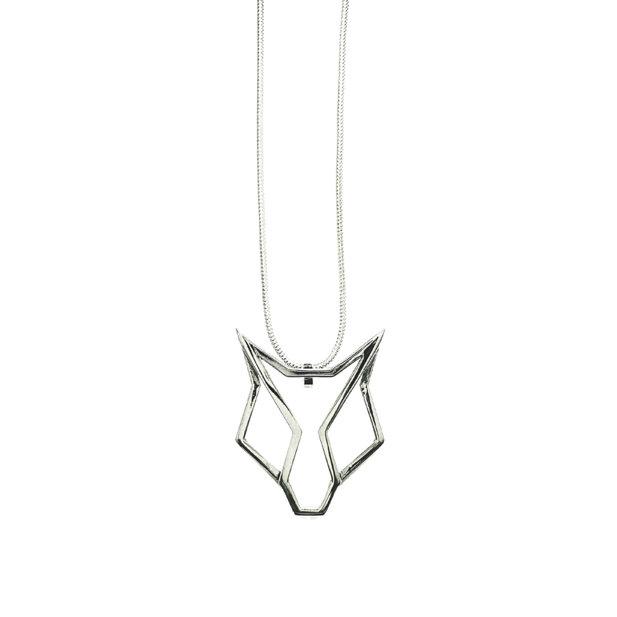 silver pendant of fox head on snake chain