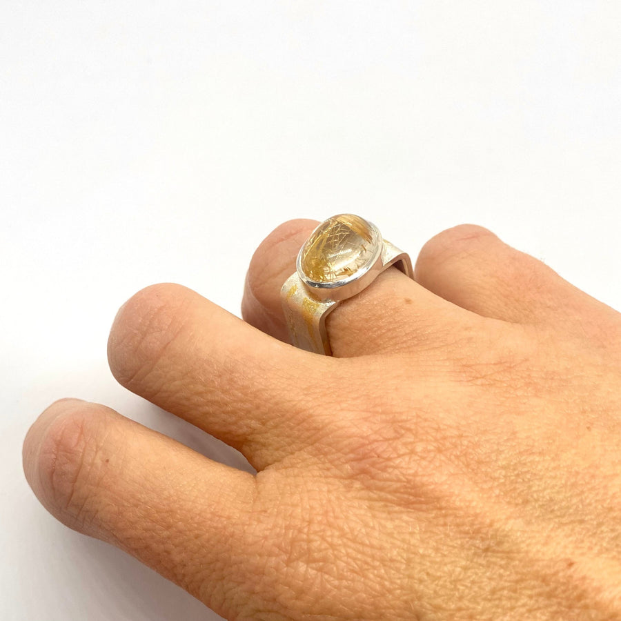 gold shards in quartz on square ring featured 22ct gold fused to silver