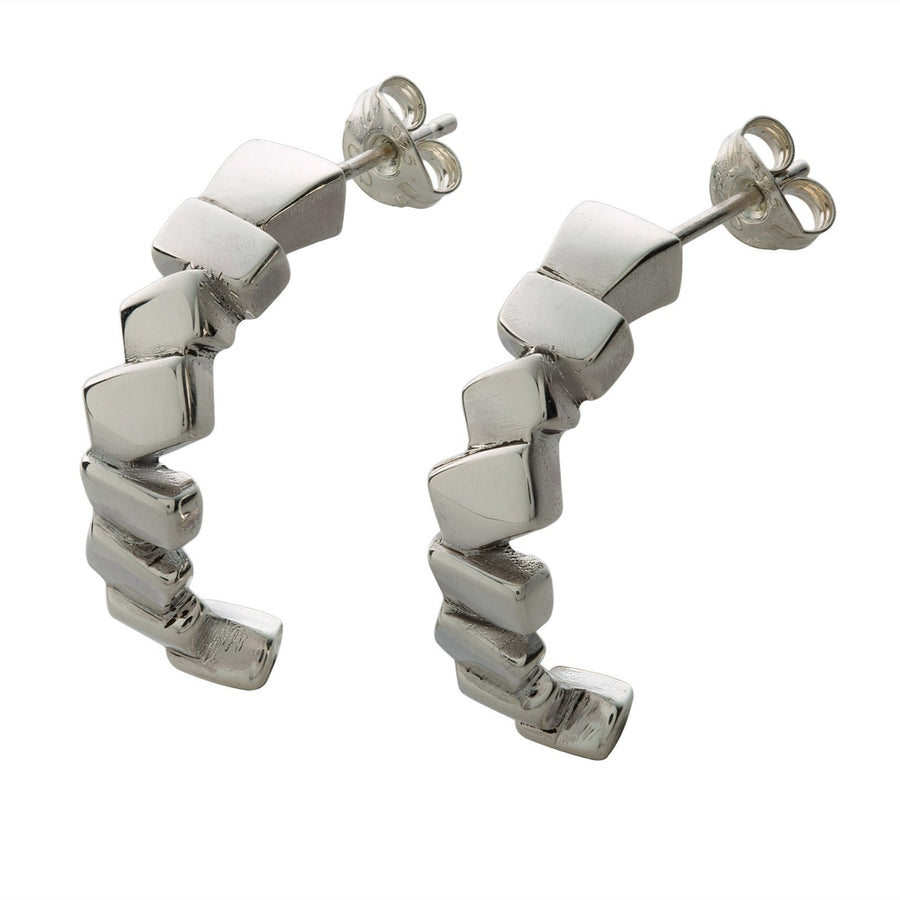 Contemporary handmade design featuring a series of alternatively angles squares stacked one upon the next. Handmade from sterling silver n Ireland