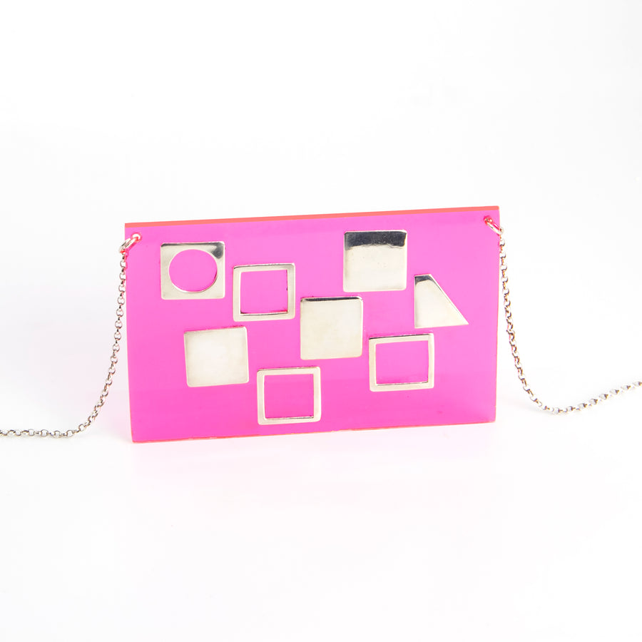 Bold fun statement necklace, Sterling silver on bright pink perspex slate. Bespoke piece available in your own customized version. Perfect piece that inspires, and lifts the spirits. Bespoke option available.